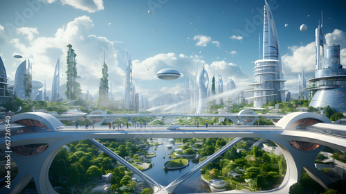 A world of the future with cutting-edge technological imagery featuring futuristic architecture, smart cities and sustainable innovation