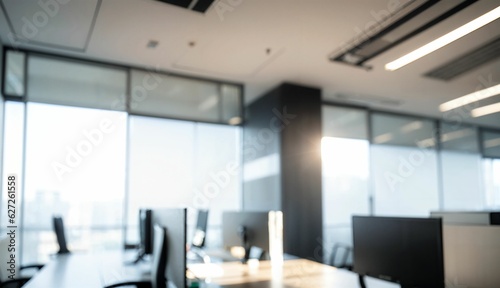 Blurred Background of a Light Modern Office with Panoramic Windows and Beautiful Lighting ai generated