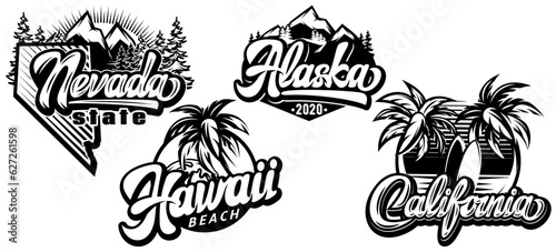 Set of four templates of different American states. Calligraphic stylish lettering for design