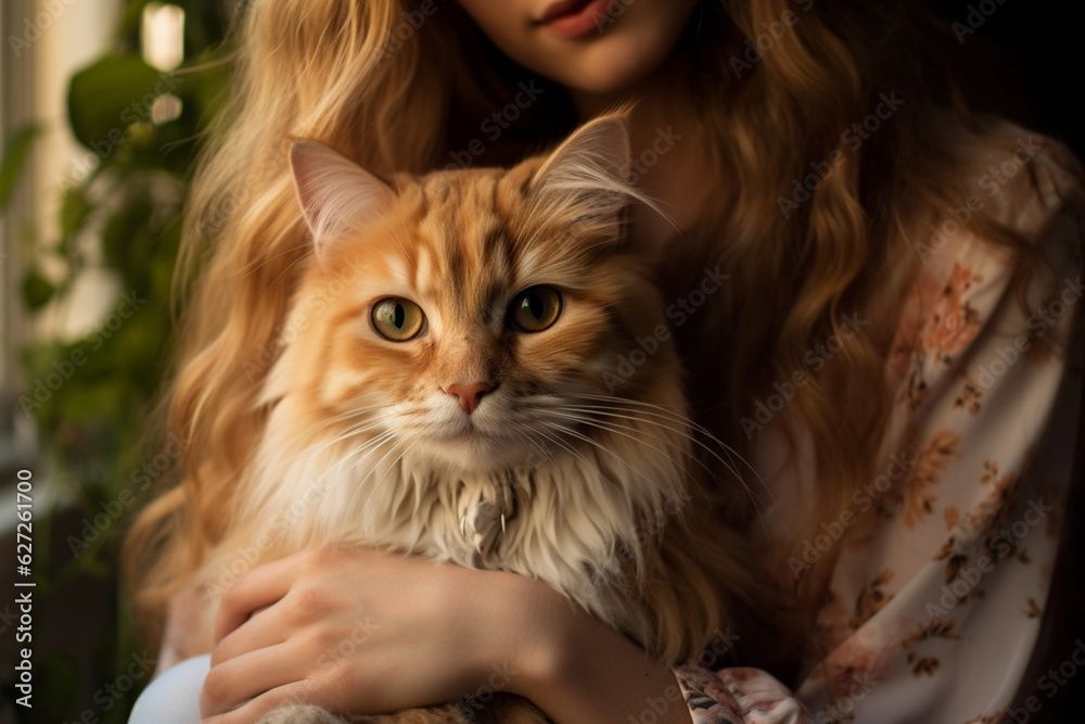 Cute cat and young woman. AI generated