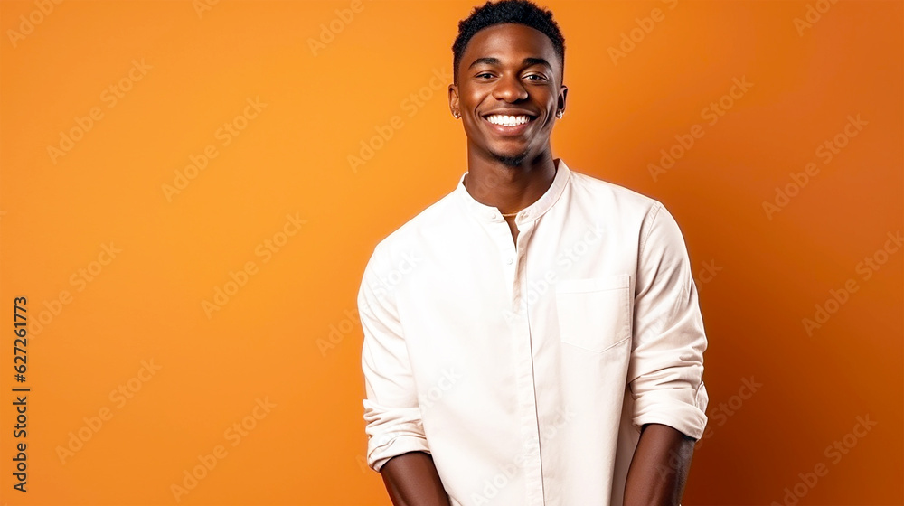 happy african american handsome man wearing fashion white Summer Shirt on orange background with space aspect ratio 16:9 happy african american handsome man wearing fashion white Summer Shirt on orange background with space aspect ratio 16:9