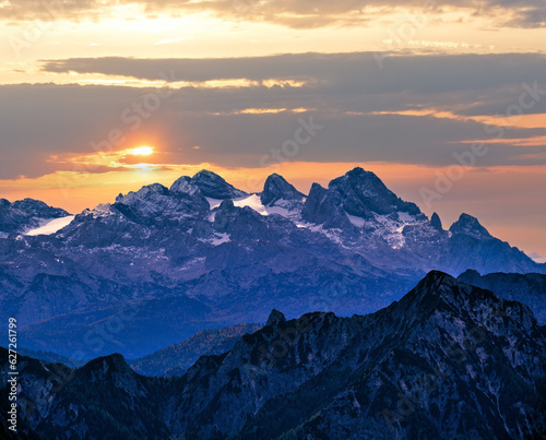 Picturesque autumn Alps mountain view from Schafberg viewpoint, Salzkammergut, Upper Austria.