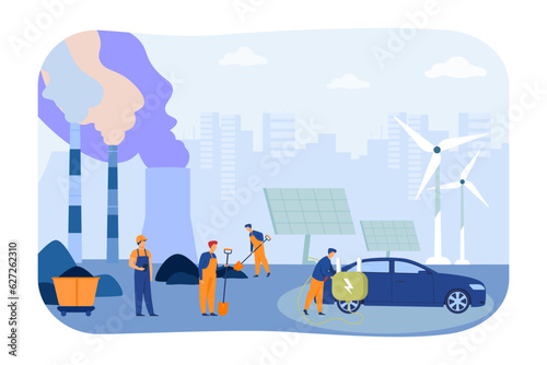 Transition to renewable energy sources vector illustration. Workers extracting fossil fuels watching modern man charging electric car from solar panels. Sustainability, oil industry concept