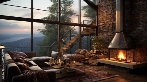 A cozy  burning fireplace in the living room against the backdrop of a panoramic window overlooking the mountains and the forest on a rainy day. The concept of warmth  comfort and relaxation.