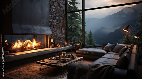 A cozy, burning fireplace in the living room against the backdrop of a panoramic window overlooking the mountains and the forest on a rainy day. The concept of warmth, comfort and relaxation.