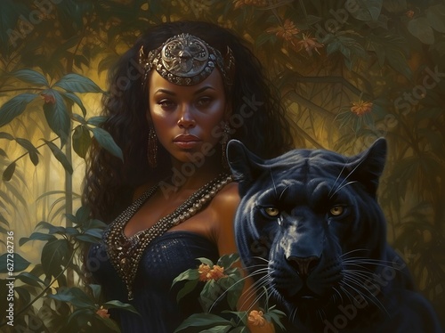 Fantasy Portrait of Royal Woman with Black Panther in Jungle photo