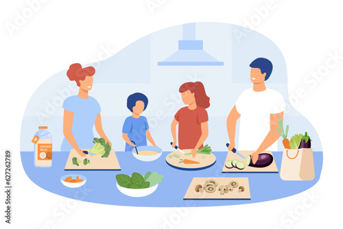 Family cooking healthy dinner together vector illustration. Vegan parents and children chopping vegetables, carrots, eggplant, broccoli, mushrooms. Plant-based eating, food concept