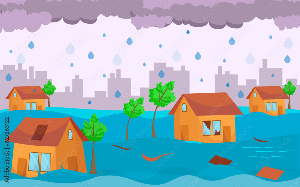 Destructive rain flooding city vector illustration. Summer storms and downpours destroying houses, buildings and trees. Climate change, natural disaster, emergency concept