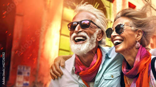 Close up vivid portrait of an elderly couple, happy man and woman traveling. Elderly travelers, AI generated © masyastadnikova