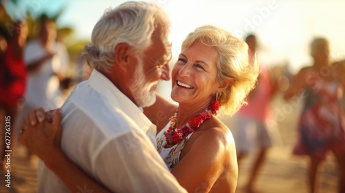 An older couple dancing on the beach at sunset. Health care, Family outdoor lifestyle. AI generated