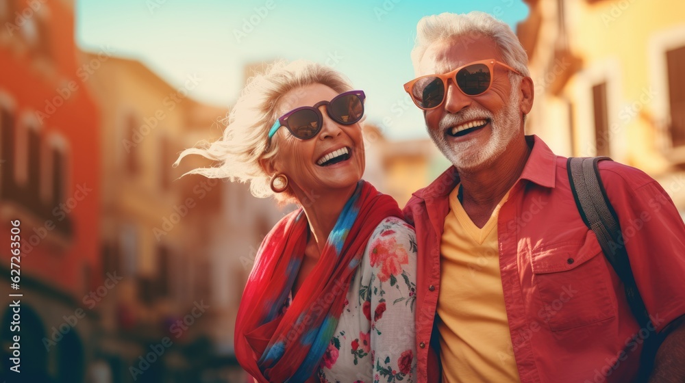 Close up vivid portrait of an elderly couple, happy man and woman traveling. Elderly travelers, AI generated Close up vivid portrait of an elderly couple, happy man and woman traveling. Elderly travelers, AI generated