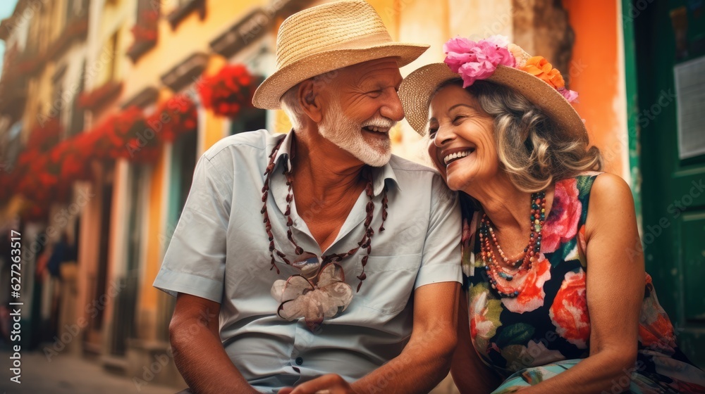 Close up vivid portrait of an elderly couple, happy man and woman traveling. Elderly travelers, AI generated