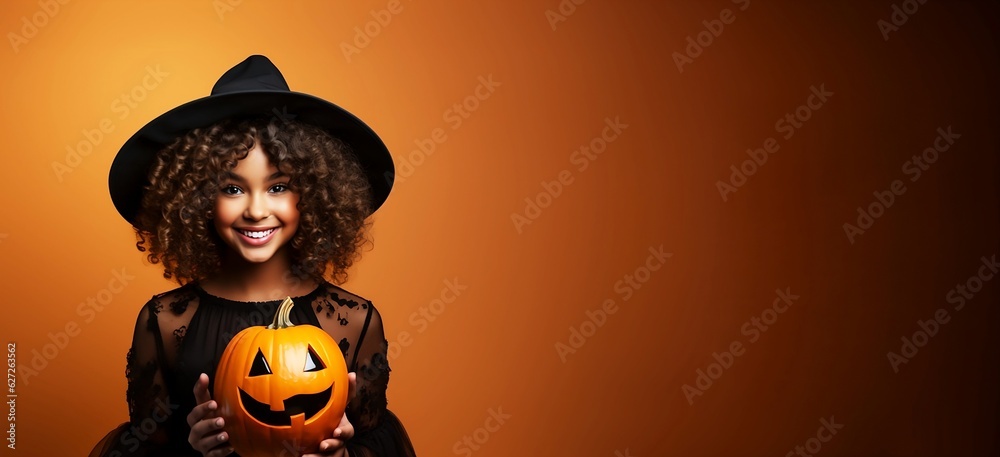 Beautiful Afro girl holding pumpkin celebrating Happy Halloween, copy space text, generative AI