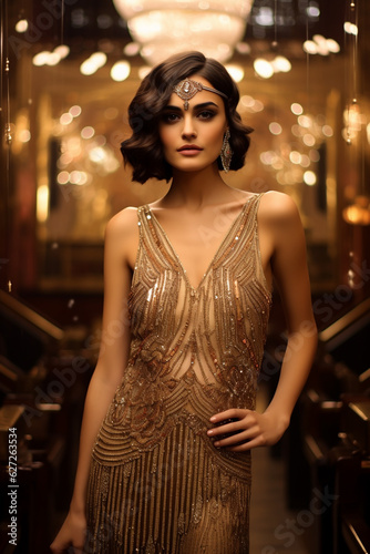 Woman in a luxurious dress decorated with gold great art deco fashion style made with Generative AI