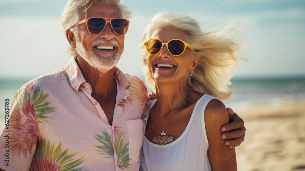Elderly couple happy together, cuddling on the beach. Portrait, close-up. Vacation of pensioners. AI generated Elderly couple happy together, cuddling on the beach. Portrait, close-up. Vacation of pensioners. AI generated