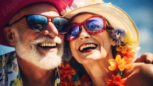 Close up vivid portrait of an elderly couple  happy man and woman traveling. Elderly travelers  AI generated
