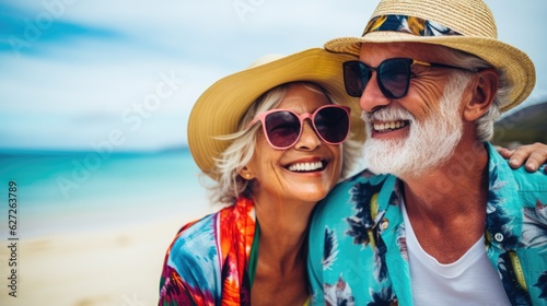 Elderly couple happy together, cuddling on the beach. Portrait, close-up. Vacation of pensioners. AI generated © masyastadnikova