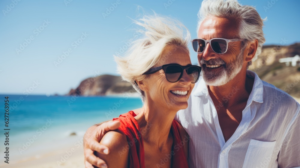 Elderly couple happy together, cuddling on the beach. Portrait, close-up. Vacation of pensioners. AI generated