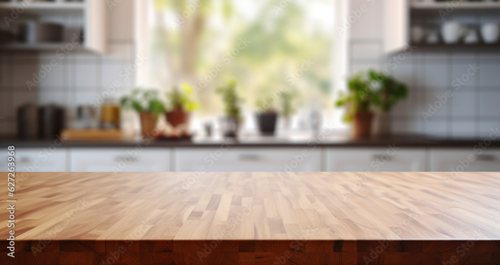 brown wooden table top blurred defocused modern kitchen interior background,Beautiful empty, with daylight flare,sink, shelf, product montage display,banner