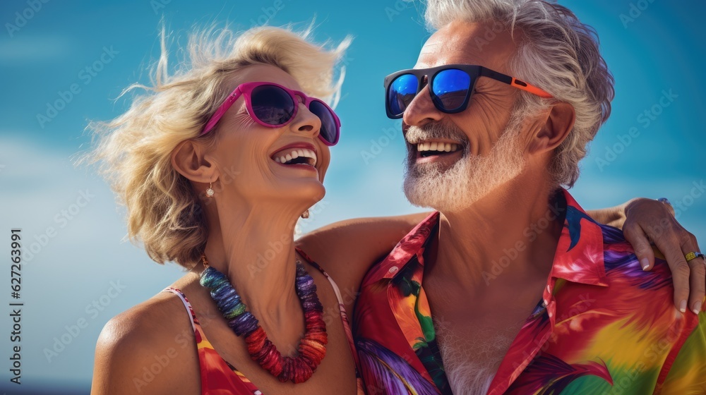 Elderly couple happy together, cuddling on the beach. Portrait, close-up. Vacation of pensioners. AI generated Elderly couple happy together, cuddling on the beach. Portrait, close-up. Vacation of pensioners. AI generated