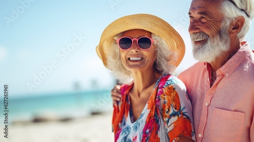 Elderly couple happy together, cuddling on the beach. Portrait, close-up. Vacation of pensioners. AI generated © masyastadnikova