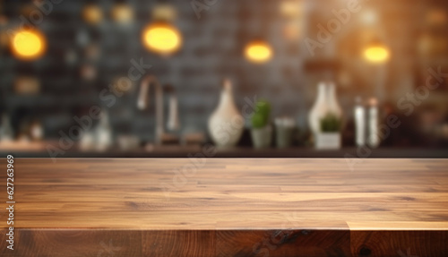 brown wooden table top blurred defocused modern kitchen interior background,Beautiful empty, with daylight flare,sink, shelf, product montage display,banner