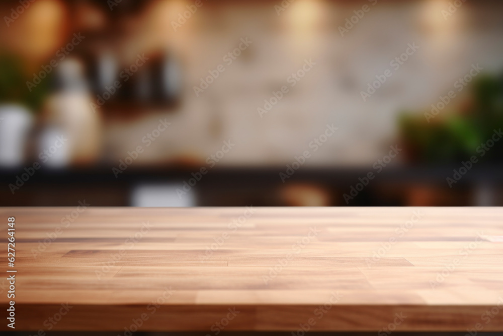 brown wooden table top kitchen interior background in  and blurred defocused with daylight flare bokeh, product montage display, generative ai