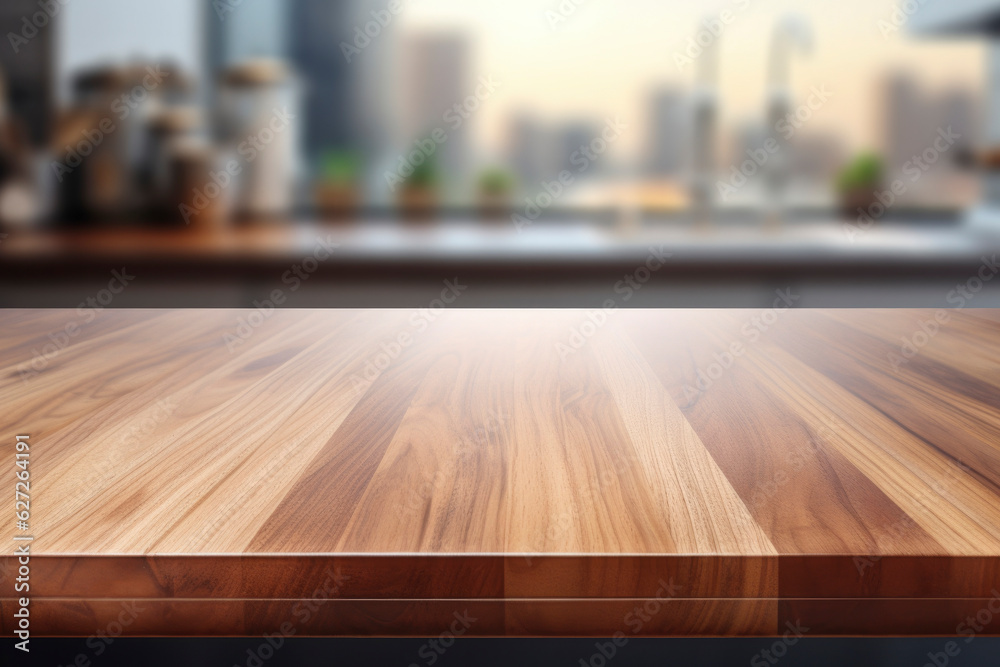 brown wooden table top kitchen interior background in and blurred defocused with daylight flare bokeh, product montage display, generative ai brown wooden table top kitchen interior background in and blurred defocused with daylight flare bokeh, product montage display, generative ai