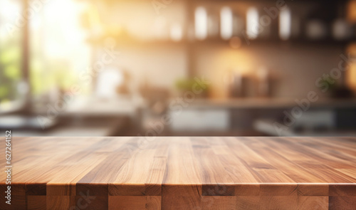 brown wooden table top kitchen interior background in  and blurred defocused with daylight flare bokeh, product montage display © BrightSpace