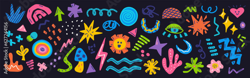 Set colorful various hand drawn shapes and doodle objects, abstract elements for modern design, vector illustration