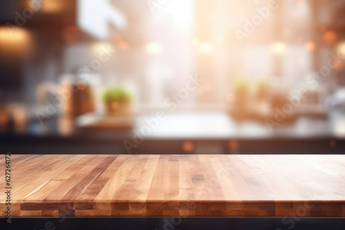 brown wooden table top kitchen interior background in  and blurred defocused with daylight flare bokeh  product montage display  generative ai