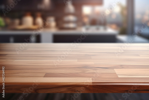 brown wooden table top kitchen interior background in and blurred defocused with daylight flare bokeh, product montage display, generative ai