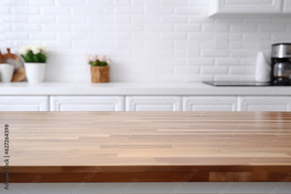 white wooden table top kitchen interior background in and blurred defocused with daylight flare bokeh, product montage display, generative ai white wooden table top kitchen interior background in and blurred defocused with daylight flare bokeh, product montage display, generative ai