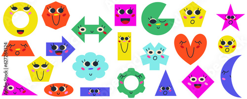 Figure character shape set for math education. Cute smile character geometric for child learn. Figure math with emoji face for kindergarten game. Vector cartoon illustration design.