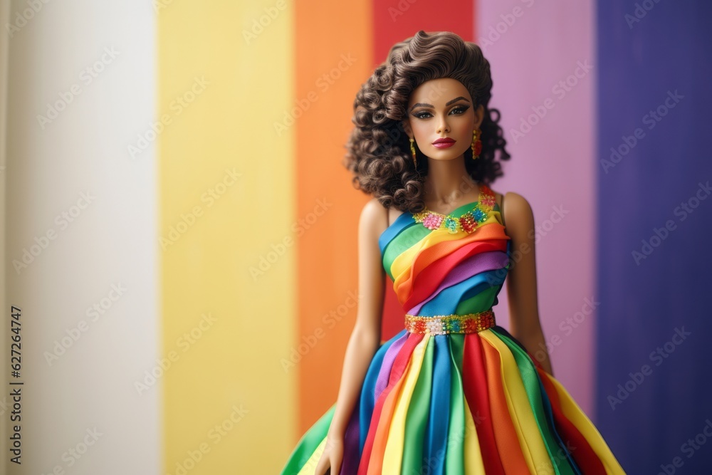 Portrait of a female doll in a dress, gay flags in background Portrait of a female doll in a dress, gay flags in background