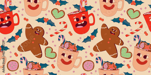 Retro Christmas seamless pattern. Groovy christmas character with face. Funny xmas character for comic design. Weird mascot. Retro cartoon pattern vector illustration