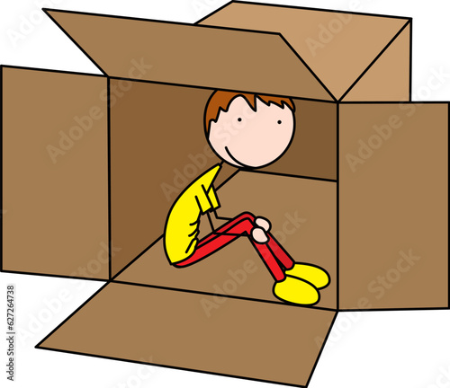 Happy Kid sitting in an emptu cardboard box