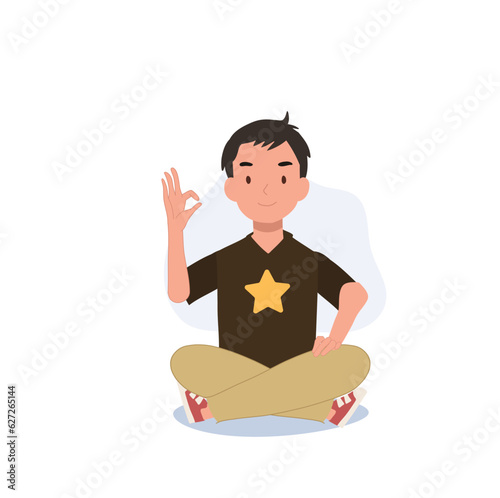  Happiness Concept. Cute Little kid Showing Approval, Smiling with Ok Hand Sign. Flat vector cartoon illustration