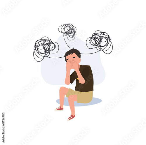 Nervous Young Child Showing Signs of Distress. Troubled Kid Feeling Stress and Unease. Flat vector cartoon illustration