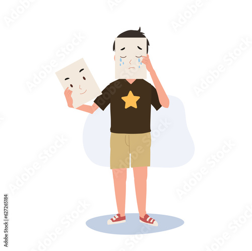 Melancholy in Childhood. Sad Kid with Hidden Feelings. Young child Pretending to be Okay but Concealing Sadness. Flat vector cartoon illustration