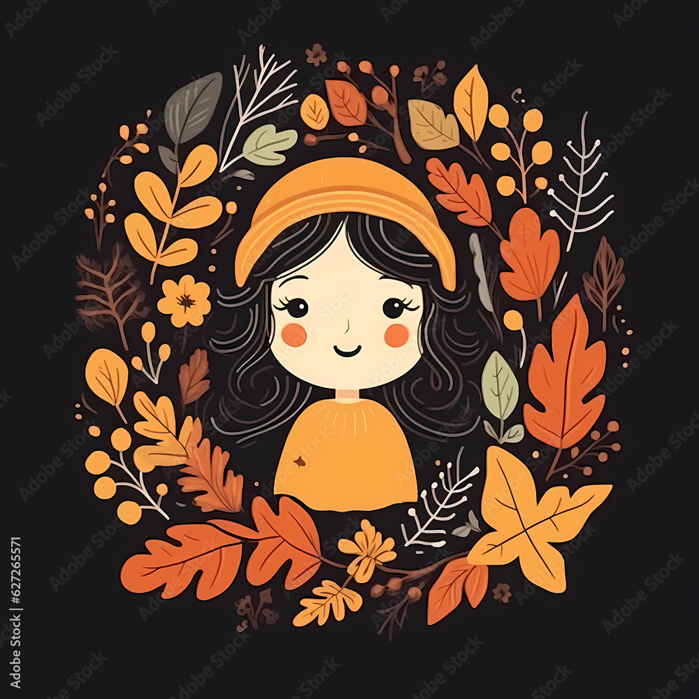 girl in autumn leaves on dark black background isolated. hello autumn concept. generative ai