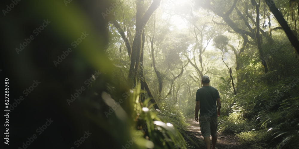 Obraz premium Solo Nature Adventure: Person Taking a Serene Walk in Dense Forest - AI generated