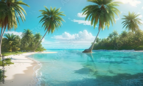 Peaceful Paradise Of White Sand Lush Palm Tree Background