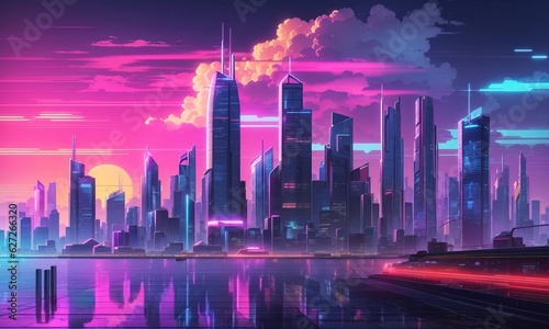 Retrowave City With Skyscrapers In Background