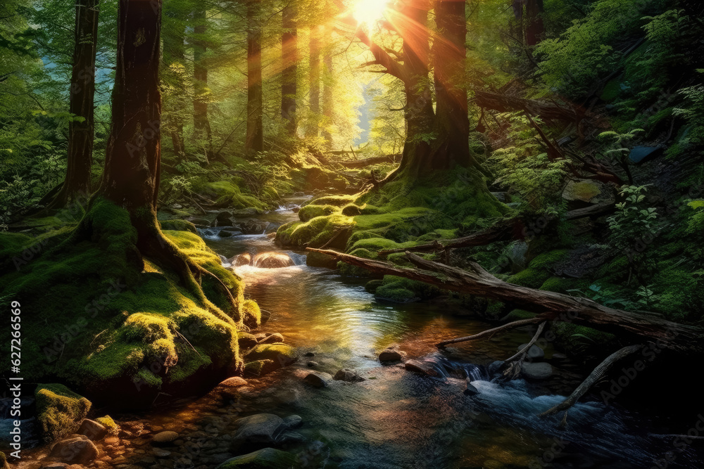 Beautiful forest is a stream running through it with bright sun shining through the trees , Created with Generative Ai Technology