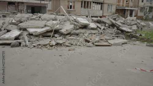 Destroyed and damaged residential building as a result of a full-scale Russian invasion. Irpin, Ukraine 