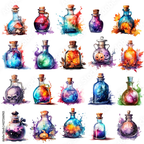 Potion fiole, Magic bottles, Posion bottles, Magic elexir. Colorful watercolor illustrations. Close up object. photo