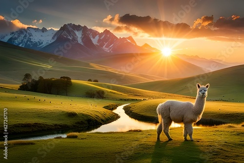 llama in mountains  in sunset background photo