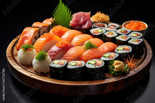 Sushi Platter on dark background. Various salmon sushi