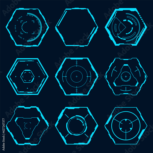Vector futuristic hexagon element. HUD focus sci-fi design.